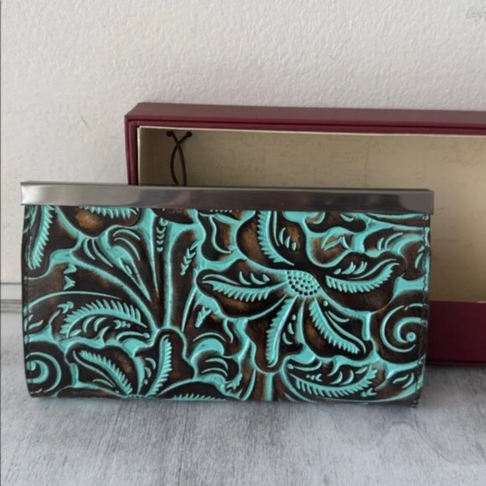 Patricia Nash Wallet Leather Framed Turquoise Cauchy Tooled In Gift Box
